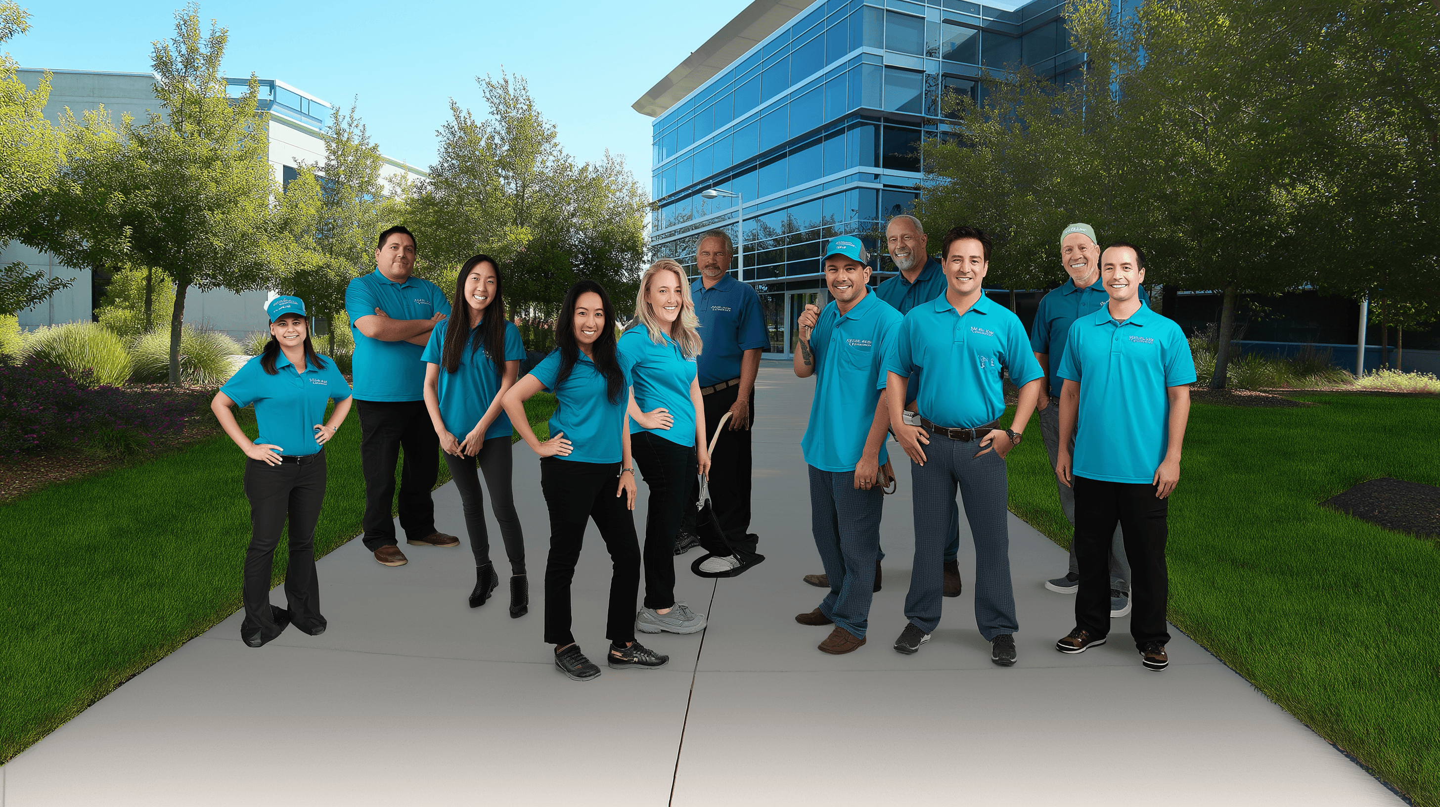 Staff group photo near company office